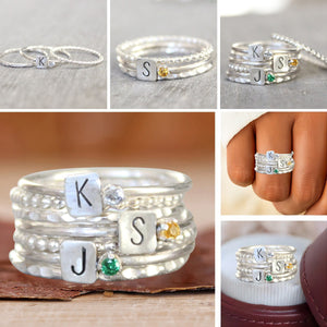 Personalized Grandma Mom Birthstone Initials Stacking Rings