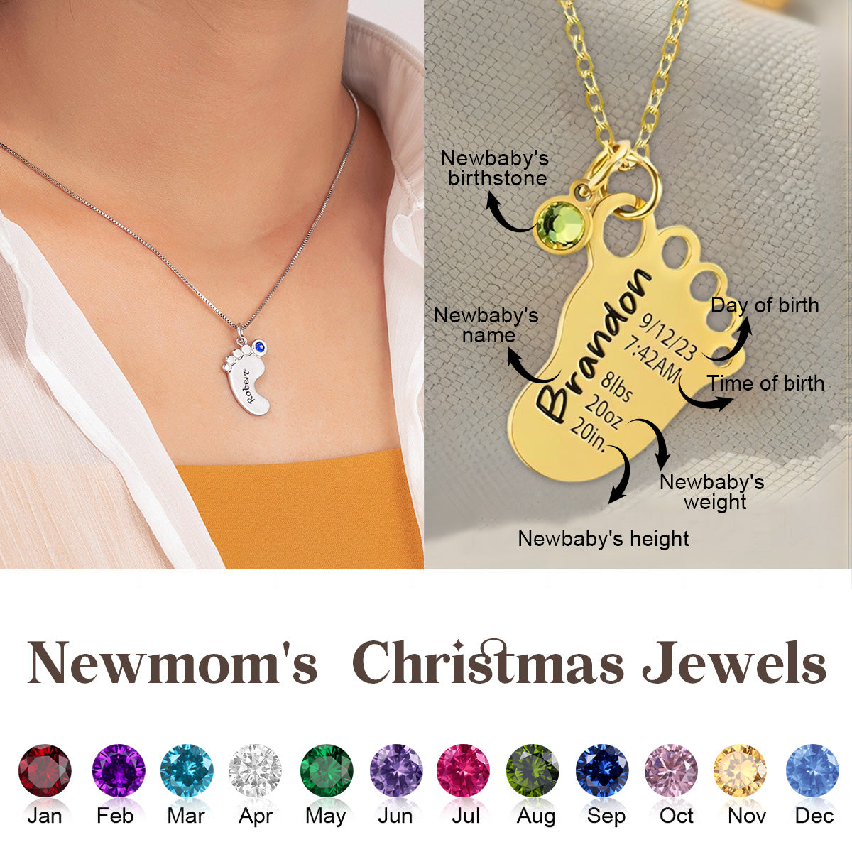 Personalized Newborn Birthstone Footprint Necklace - Gift For New Mom/Dad