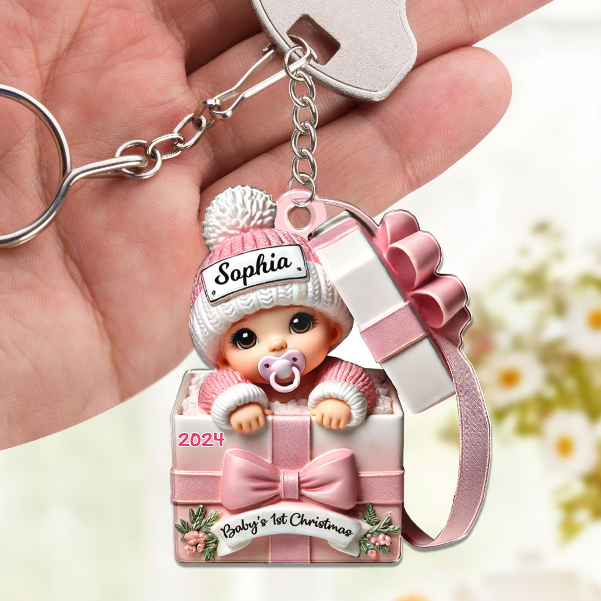 Baby Inside Gift Box Personalized Acrylic Keychain - Celebrate Baby's First Christmas