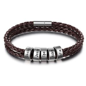 Personalized Men Braided Leather Bracelet With Small Custom Beads