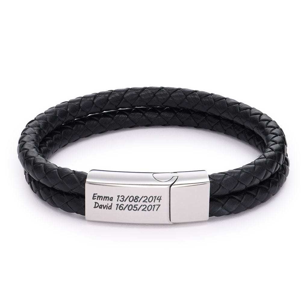 Personalized  Engraved Bracelet With Black Leather - Gift For Dad