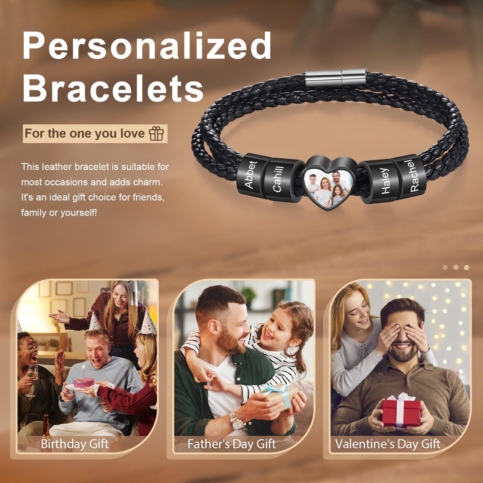 Personalized Custom Family Name Photo Leather Bracelet for Men