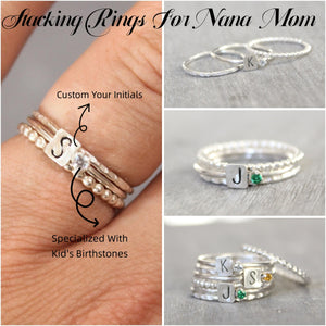 Personalized Grandma Mom Birthstone Initials Stacking Rings